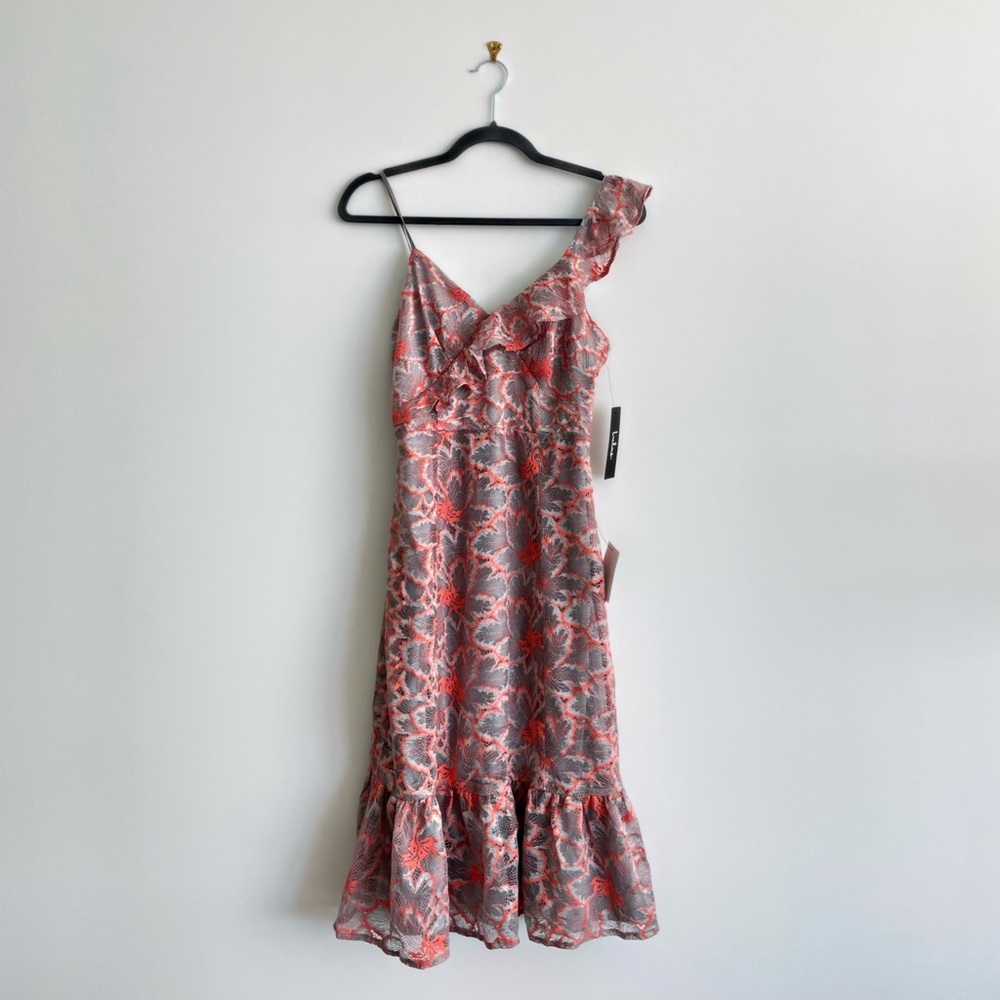 Lulus Fleur Allured gray and pink lace midi dress